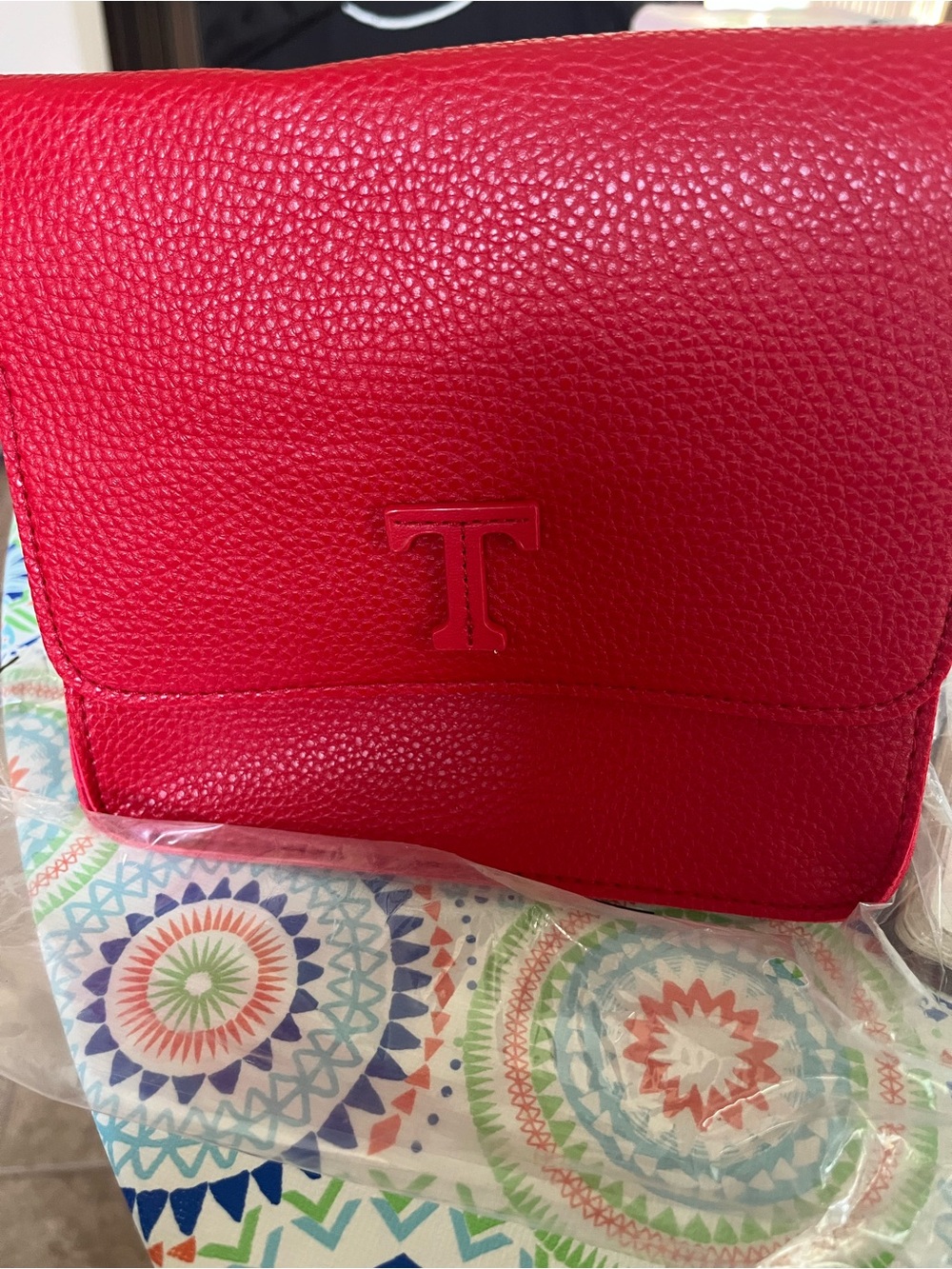Red Leather Crossbody Bag with Embossed T Logo